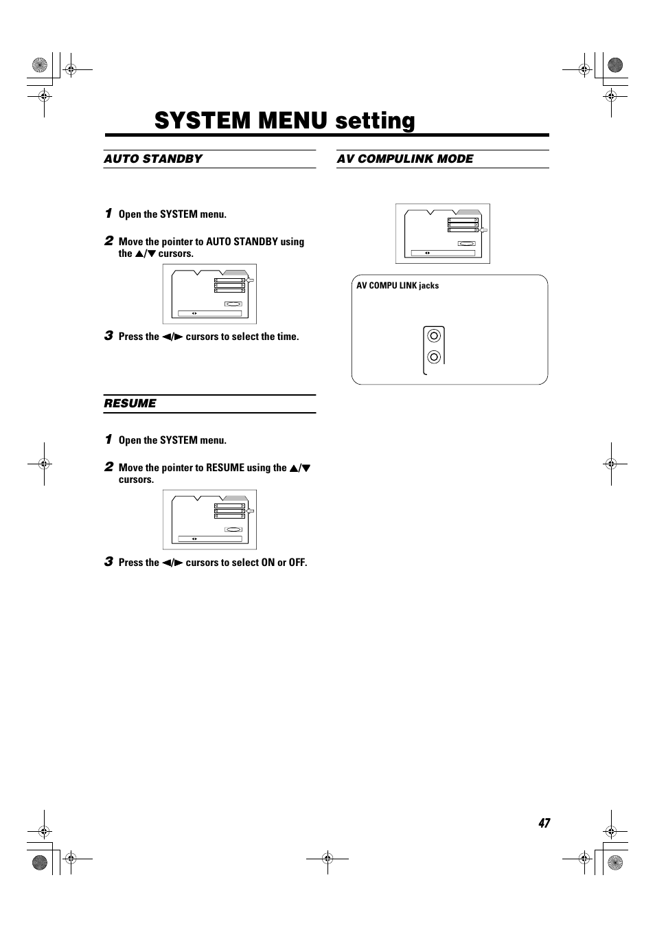 System menu setting, Auto standby, Resume | Av compulink mode | JVC TH-A9R User Manual | Page 49 / 65