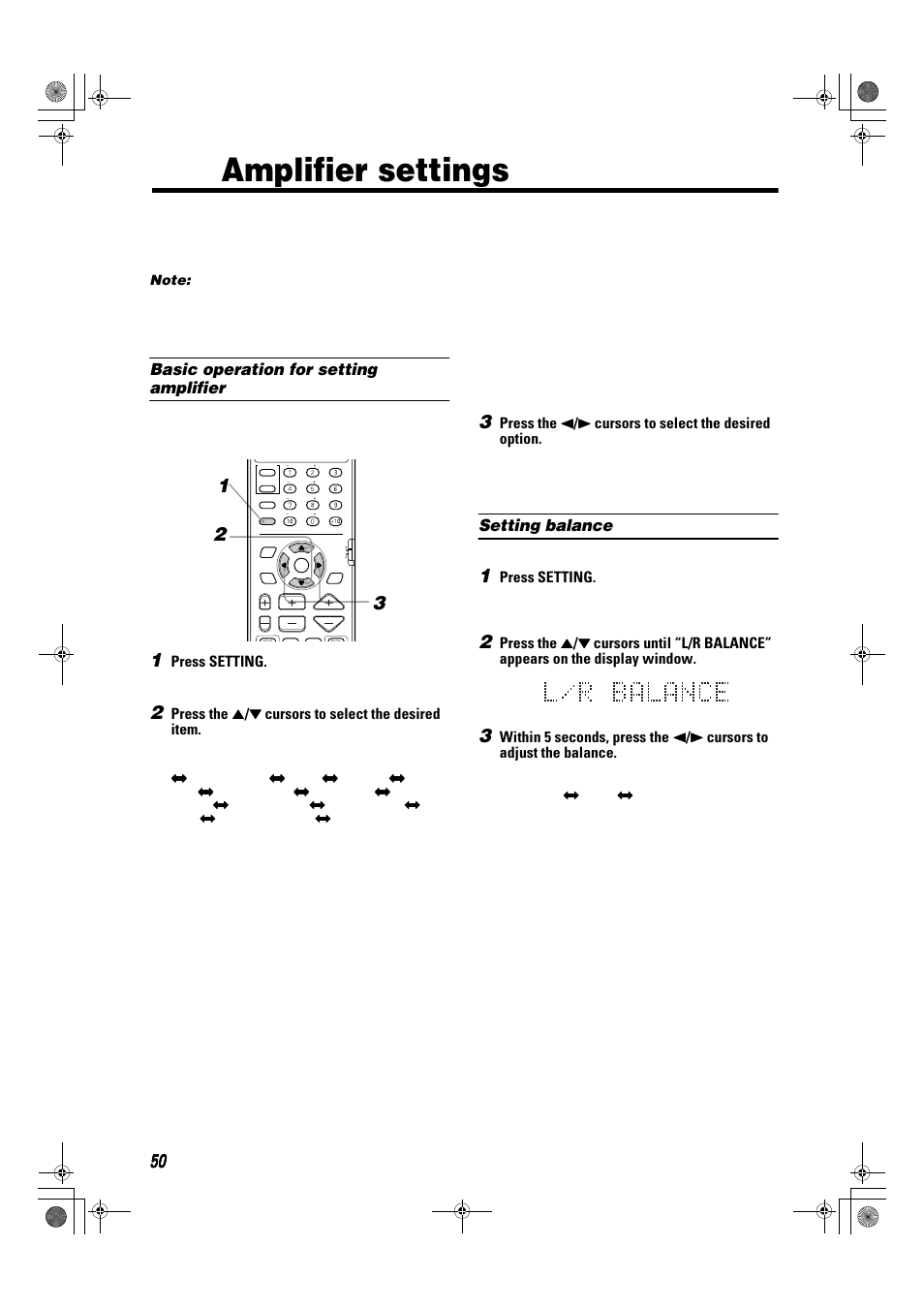 Amplifier settings, Basic operation for setting amplifier, Setting balance | JVC TH-A9R User Manual | Page 52 / 65