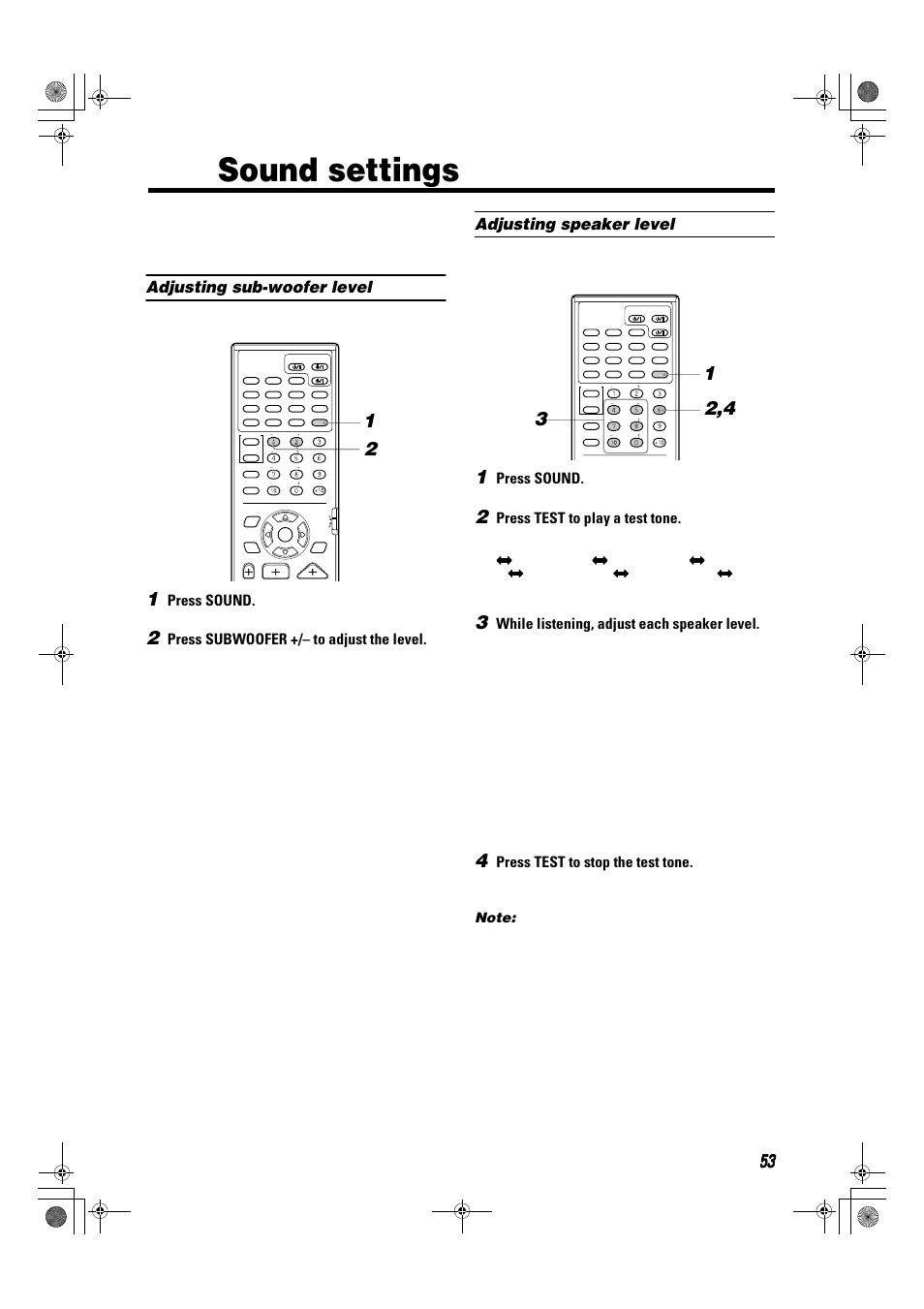 Sound settings, Adjusting sub-woofer level, Adjusting speaker level | Press sound, Press subwoofer +/– to adjust the level, Press test to play a test tone, While listening, adjust each speaker level, Press test to stop the test tone | JVC TH-A9R User Manual | Page 55 / 65