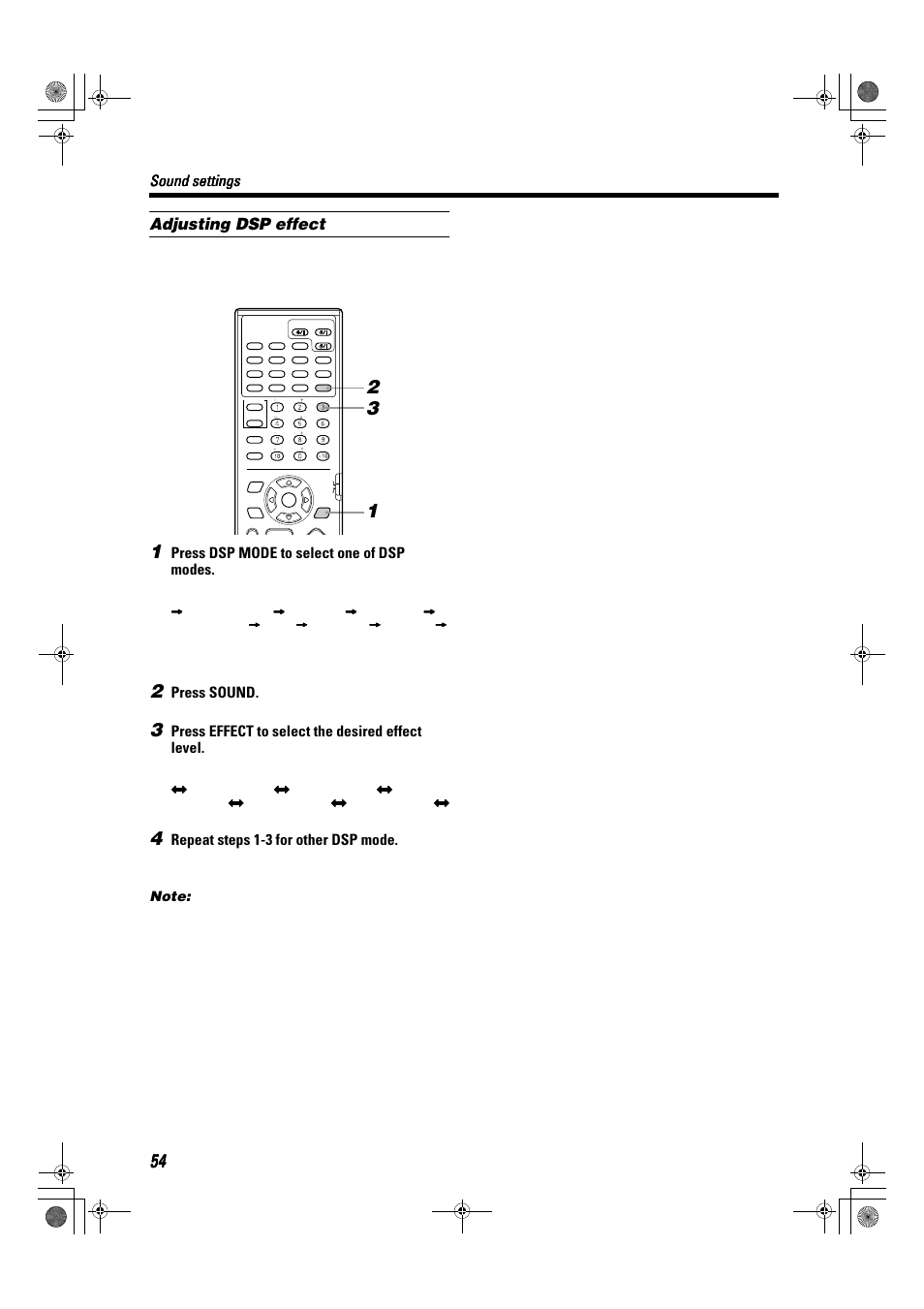 Adjusting dsp effect, Sound settings, Press dsp mode to select one of dsp modes | Press sound, Press effect to select the desired effect level, Repeat steps 1-3 for other dsp mode | JVC TH-A9R User Manual | Page 56 / 65