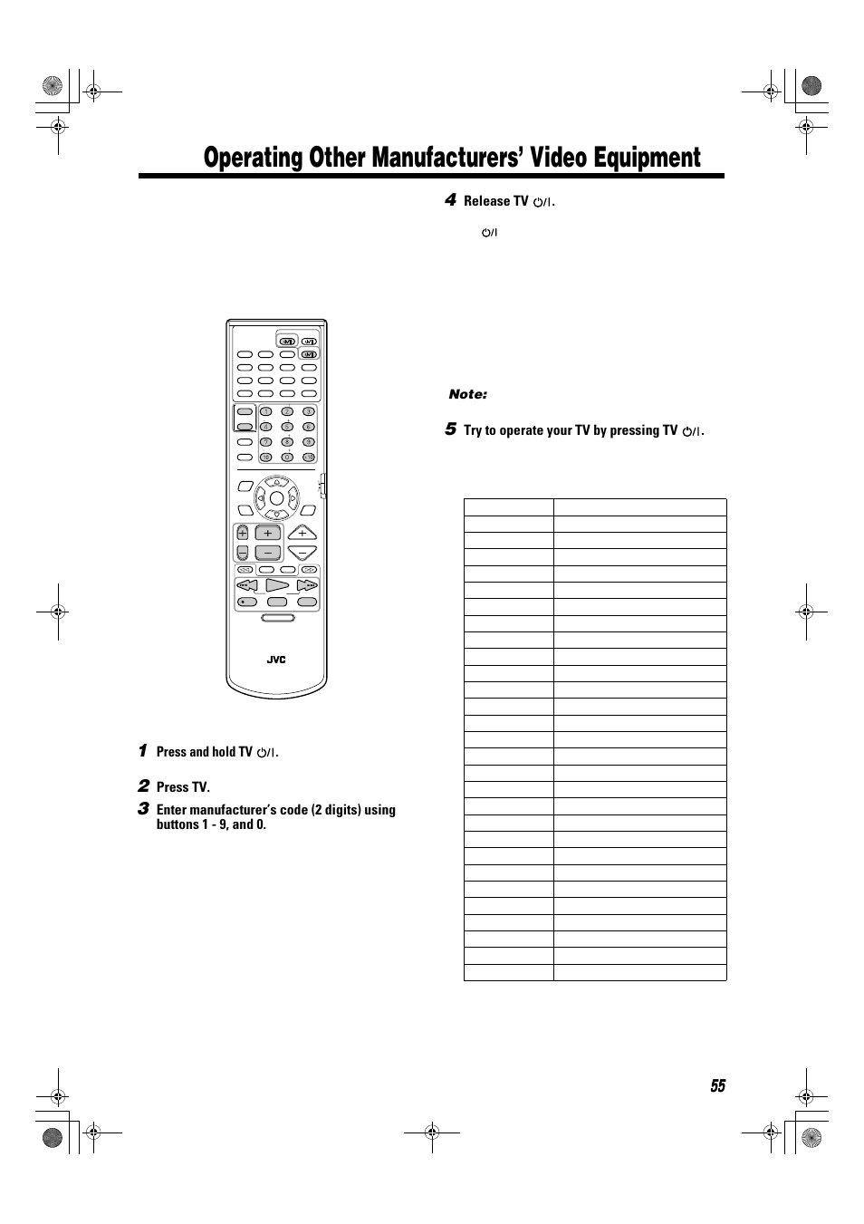 Operating other manufacturers’ video equipment, Press and hold tv, Press tv | Release tv, Try to operate your tv by pressing tv | JVC TH-A9R User Manual | Page 57 / 65