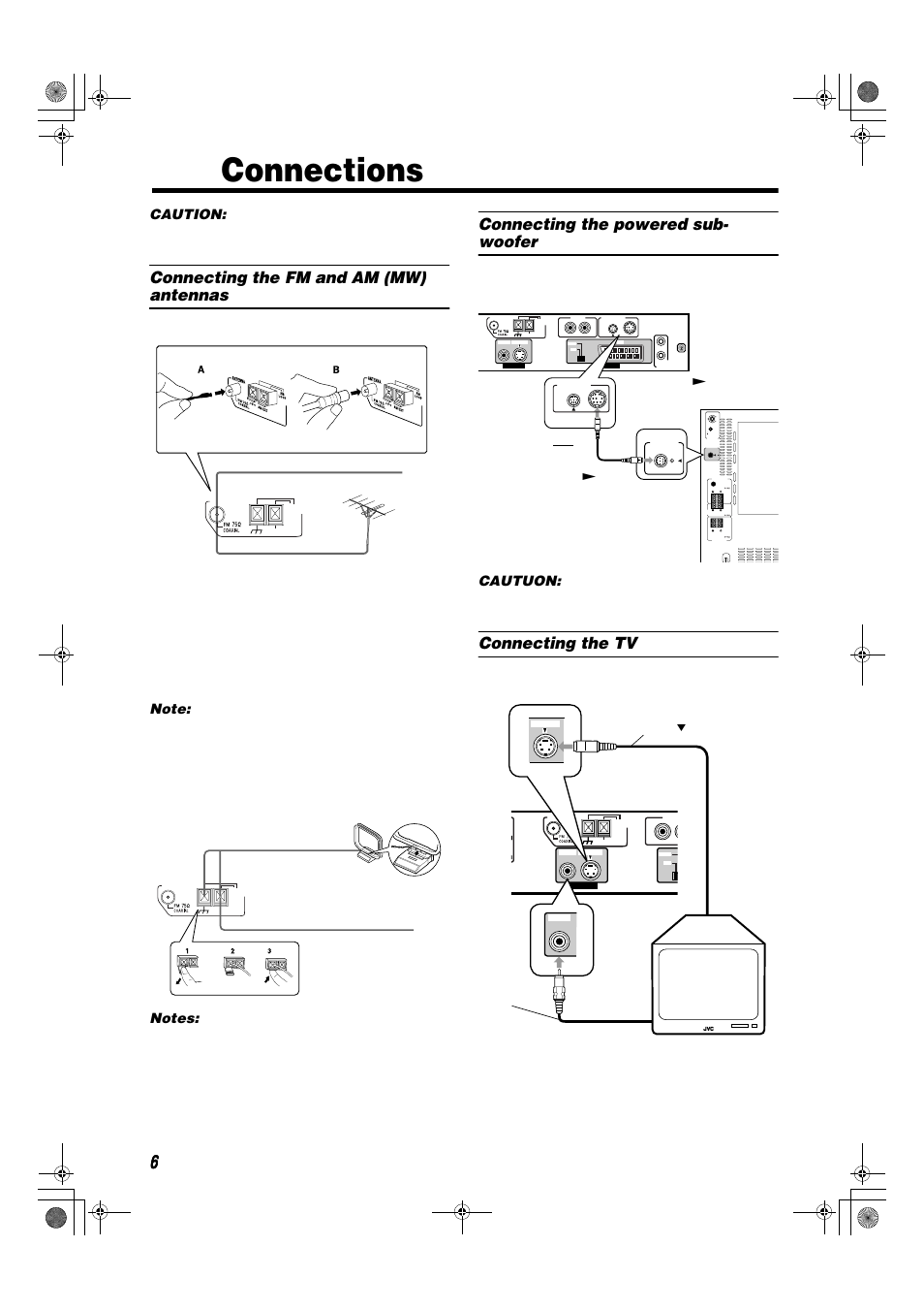 Connections, Connecting the fm and am (mw) antennas, Connecting the powered sub- woofer | Connecting the tv | JVC TH-A9R User Manual | Page 8 / 65