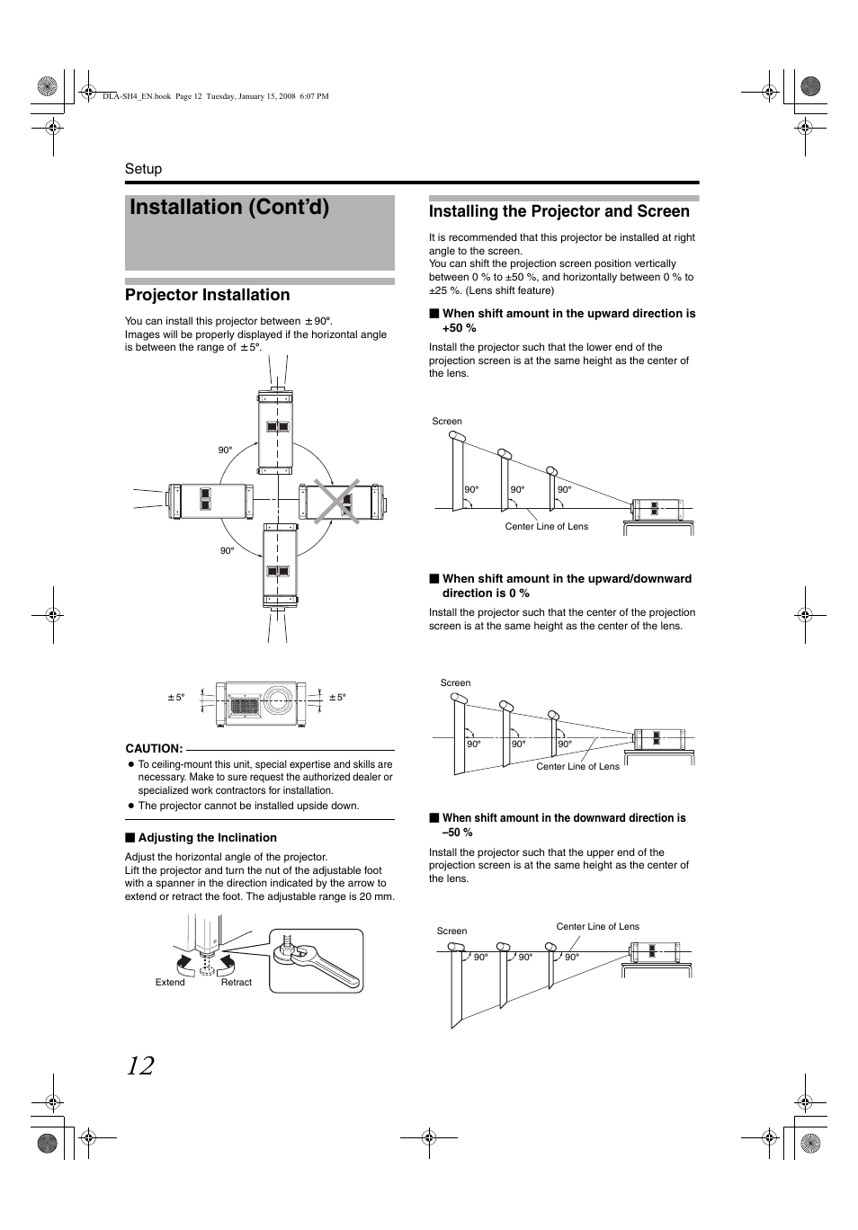 Projector installation, Installing the projector and screen, Installation (cont’d) | JVC DLA-SH4K User Manual | Page 12 / 48