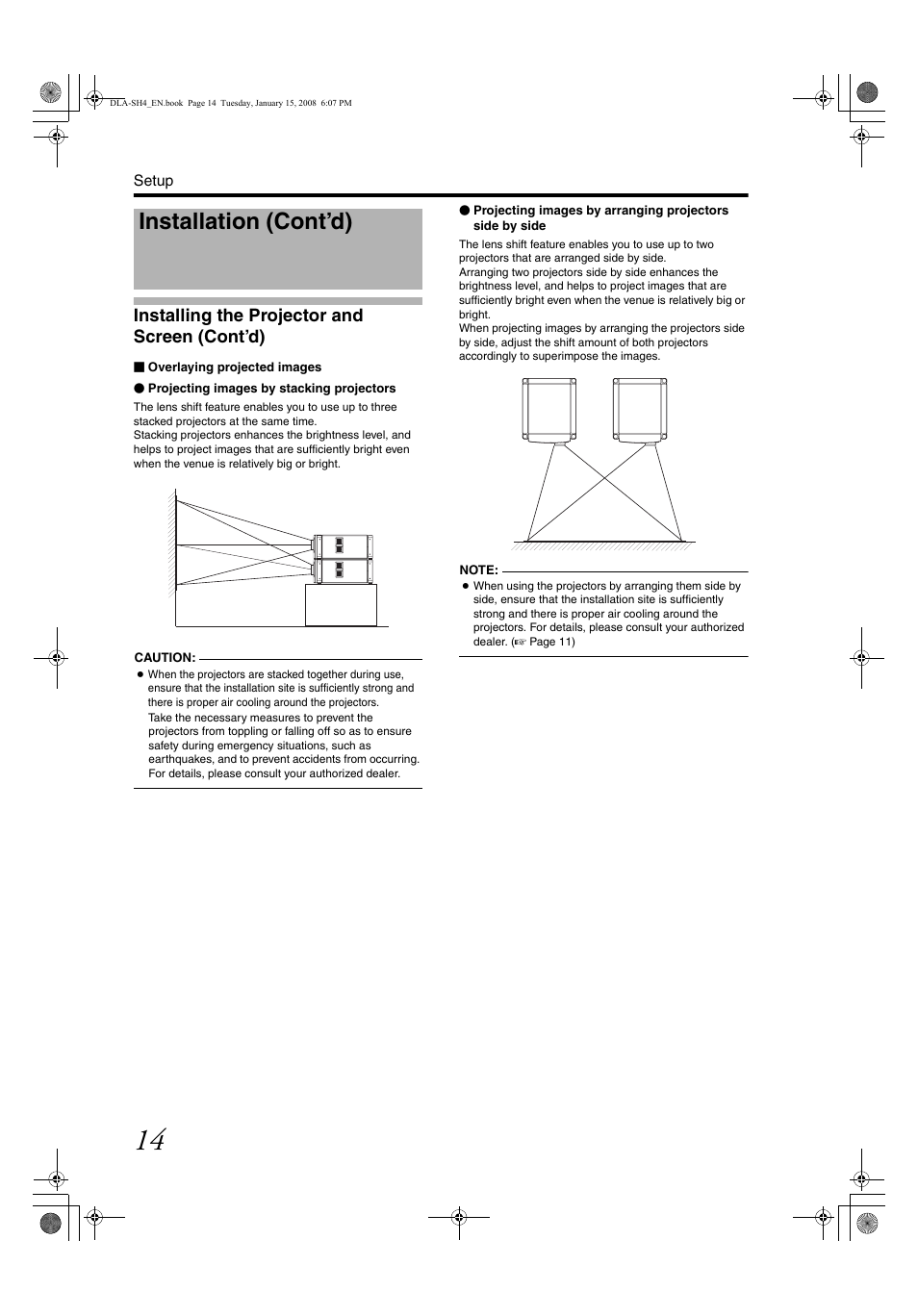 Installation (cont’d), Installing the projector and screen (cont’d) | JVC DLA-SH4K User Manual | Page 14 / 48