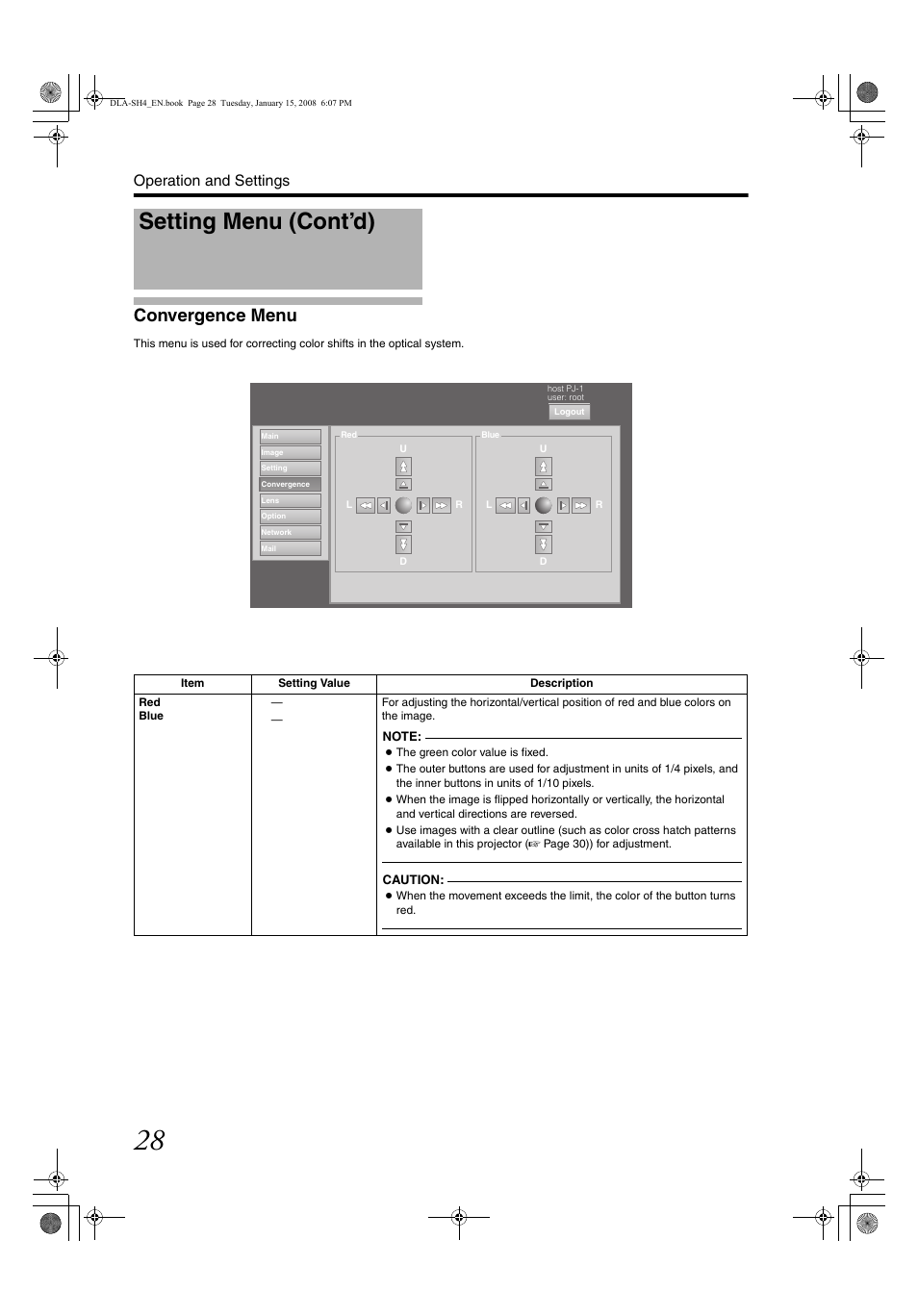 Convergence menu, Setting menu (cont’d), Convergence men u | Operation and settings | JVC DLA-SH4K User Manual | Page 28 / 48