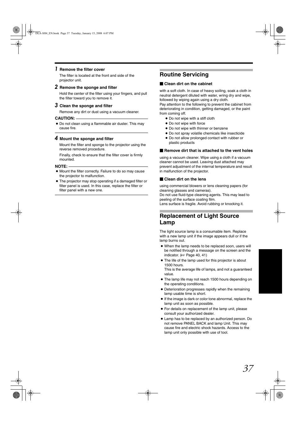 Routine servicing, Replacement of light source lamp | JVC DLA-SH4K User Manual | Page 37 / 48