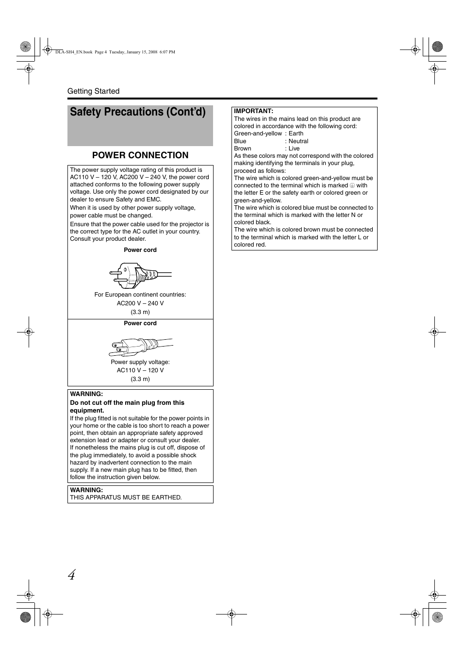 Safety precautions (cont’d), Power connection | JVC DLA-SH4K User Manual | Page 4 / 48