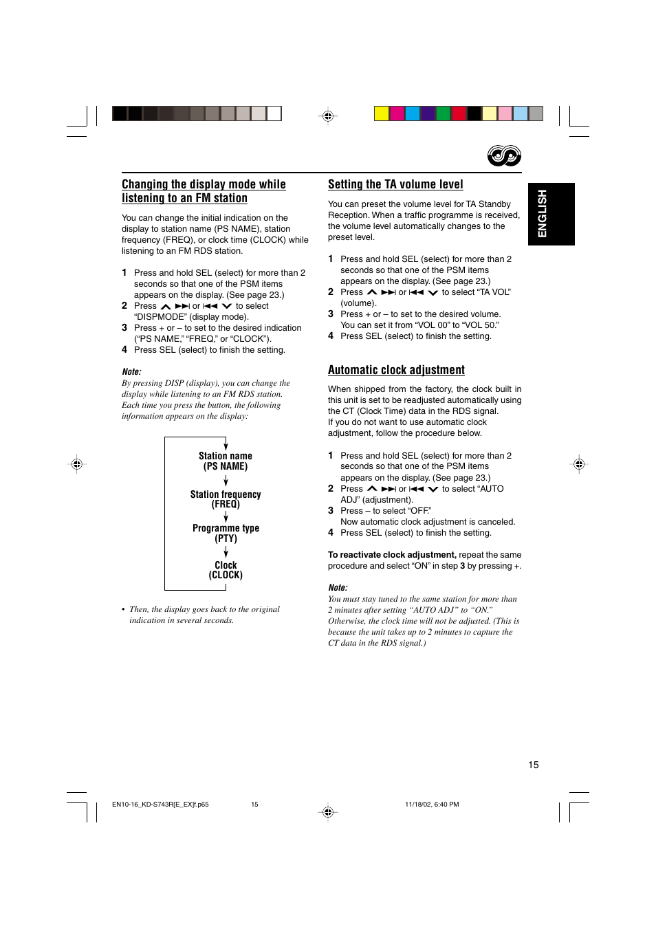 Setting the ta volume level, Automatic clock adjustment | JVC KD-S73R User Manual | Page 15 / 32