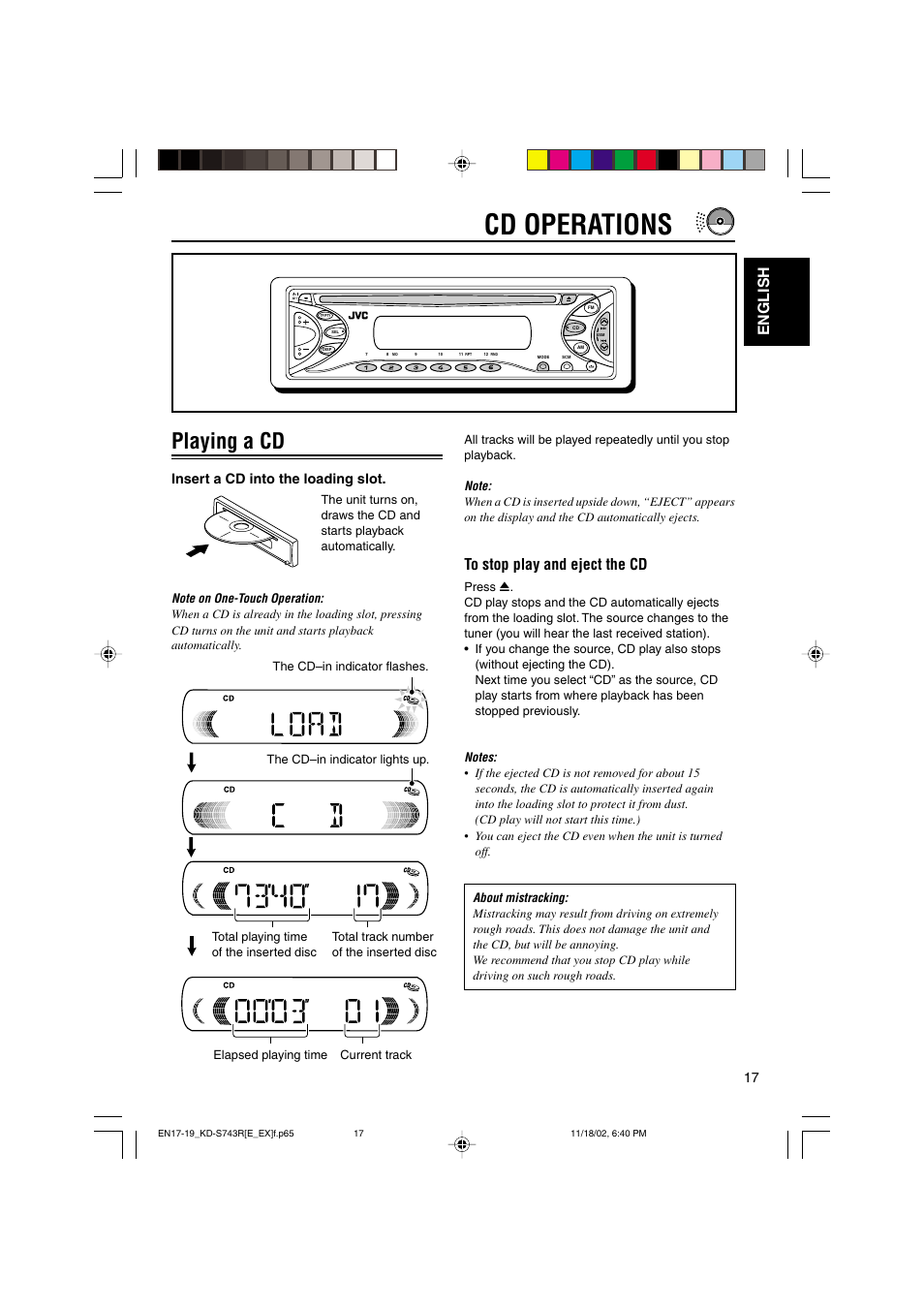 Cd operations, Playing a cd, English | Insert a cd into the loading slot | JVC KD-S73R User Manual | Page 17 / 32