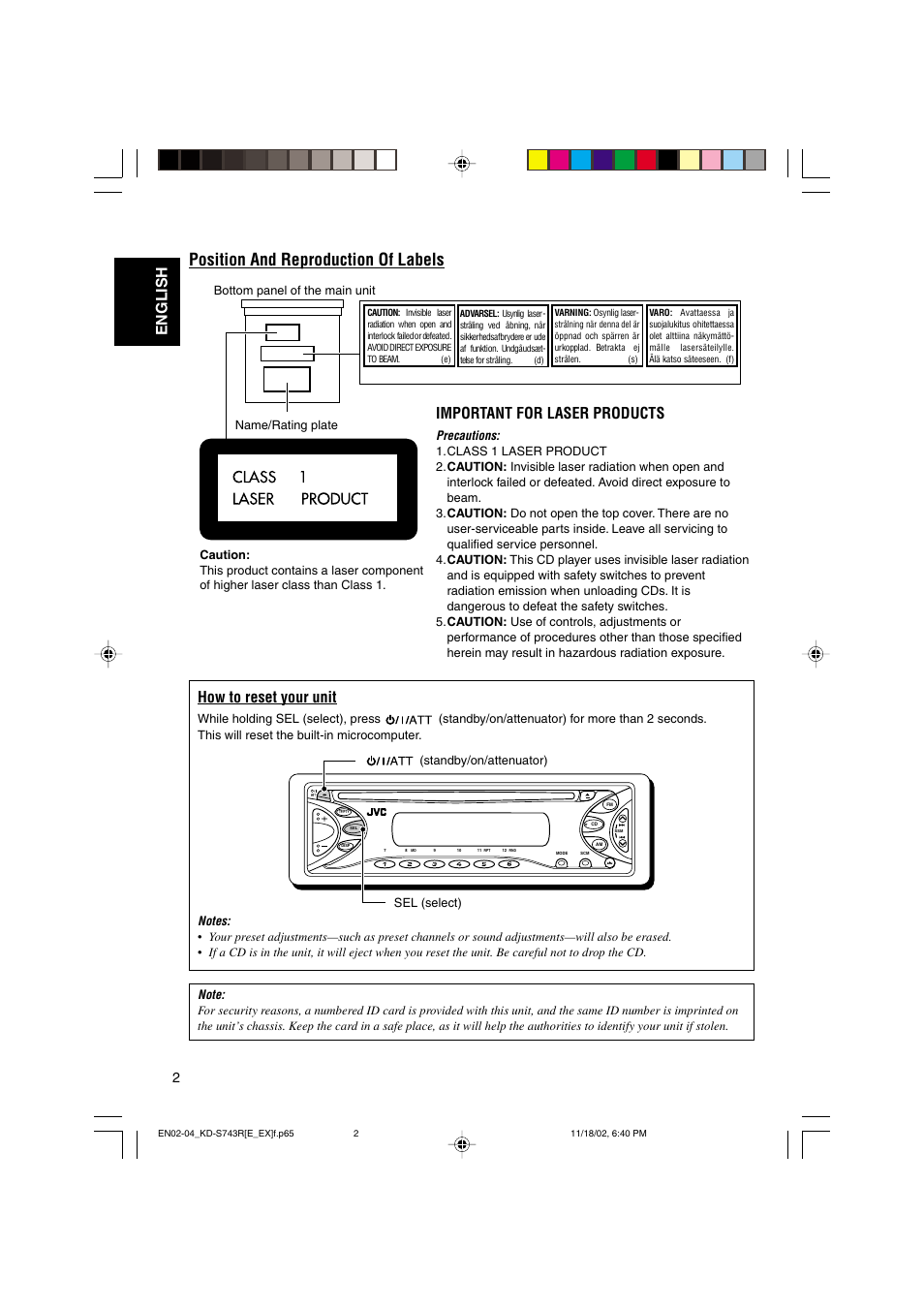 Position and reproduction of labels, How to reset your unit, English | Important for laser products | JVC KD-S73R User Manual | Page 2 / 32