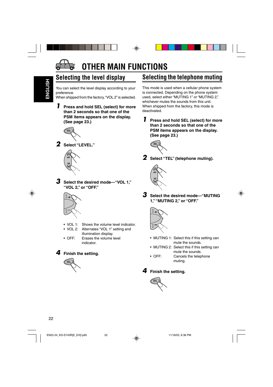 Other main functions, Selecting the level display, Selecting the telephone muting | JVC KD-S73R User Manual | Page 22 / 32