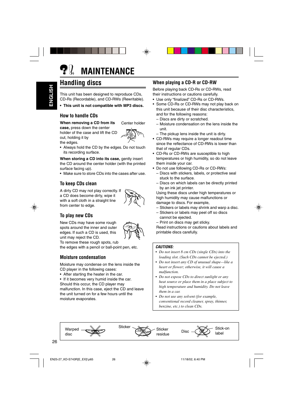 Maintenance, Handling discs | JVC KD-S73R User Manual | Page 26 / 32
