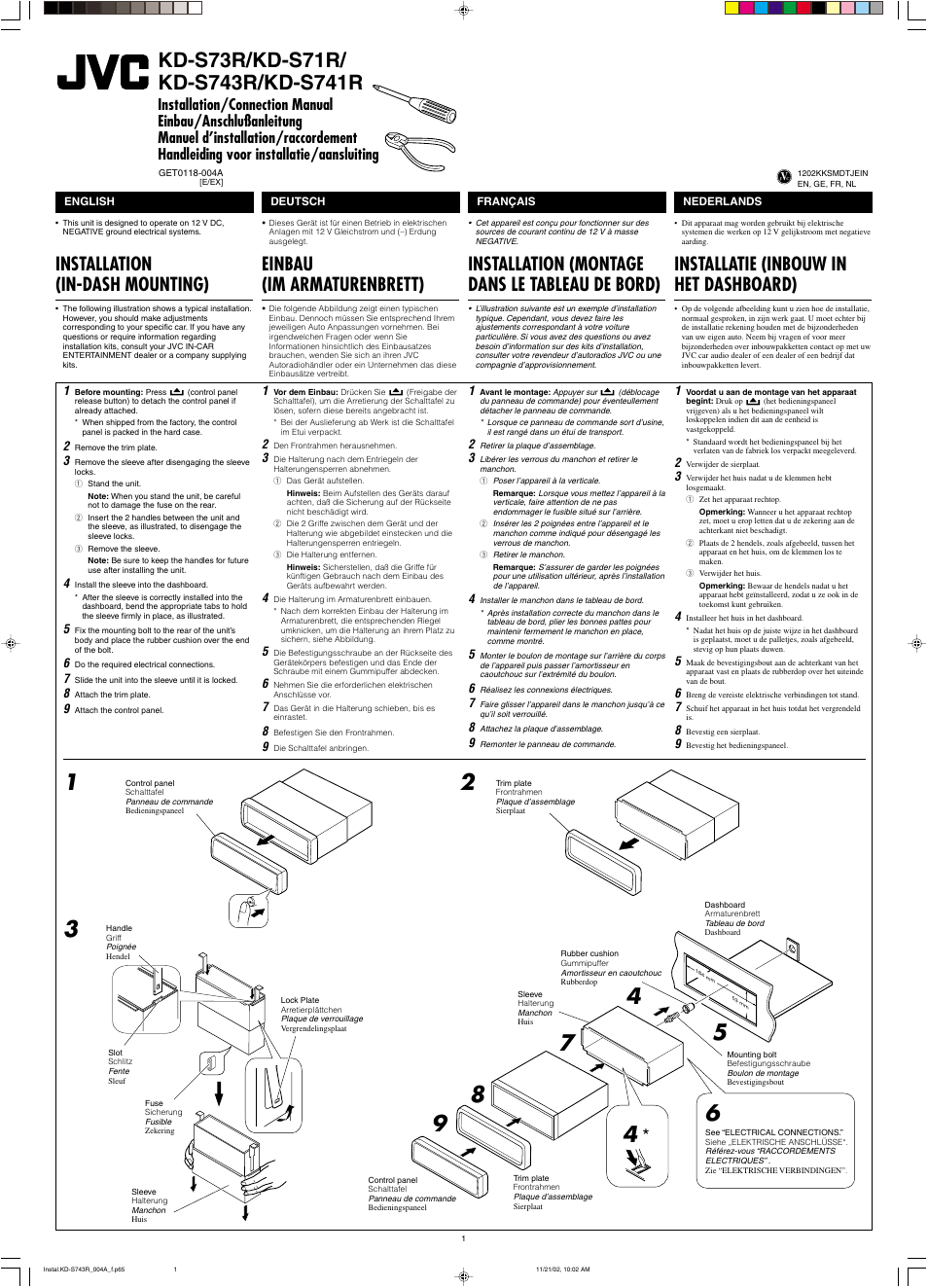 Installation/connection manual, Installation(in-dash mounting), Installation (in-dash mounting) | Einbau (im armaturenbrett), Installation (montage dans le tableau de bord), Installatie (inbouw in het dashboard) | JVC KD-S73R User Manual | Page 29 / 32