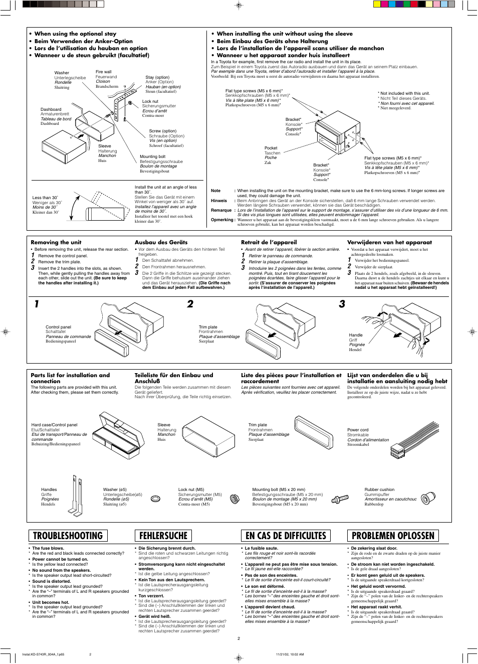 Troubleshooting, Fehlersuche, En cas de difficultes | Problemen oplossen | JVC KD-S73R User Manual | Page 30 / 32