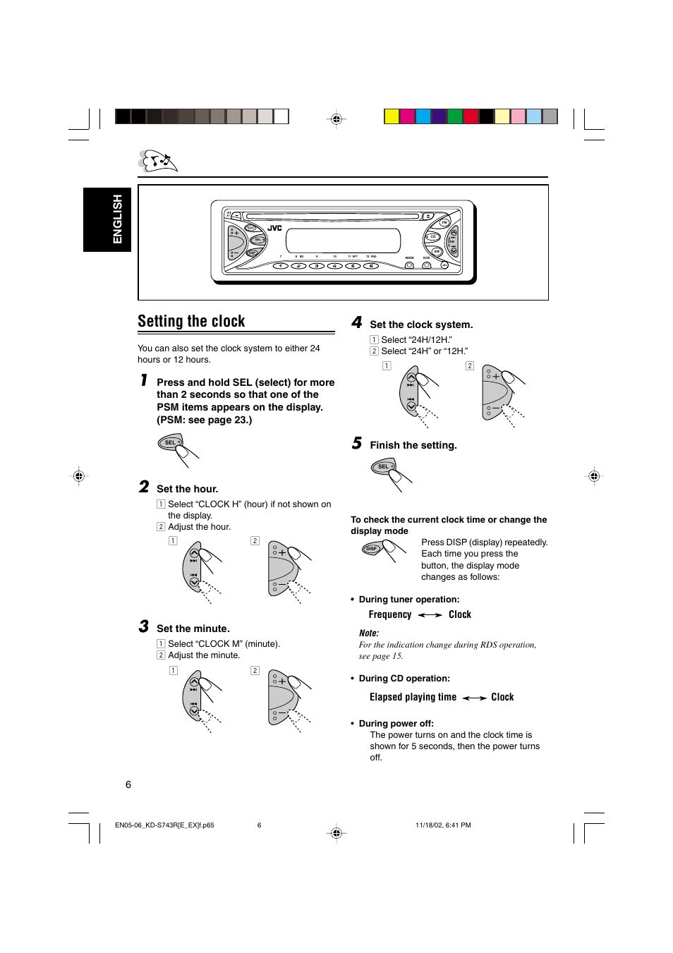 Setting the clock, English | JVC KD-S73R User Manual | Page 6 / 32