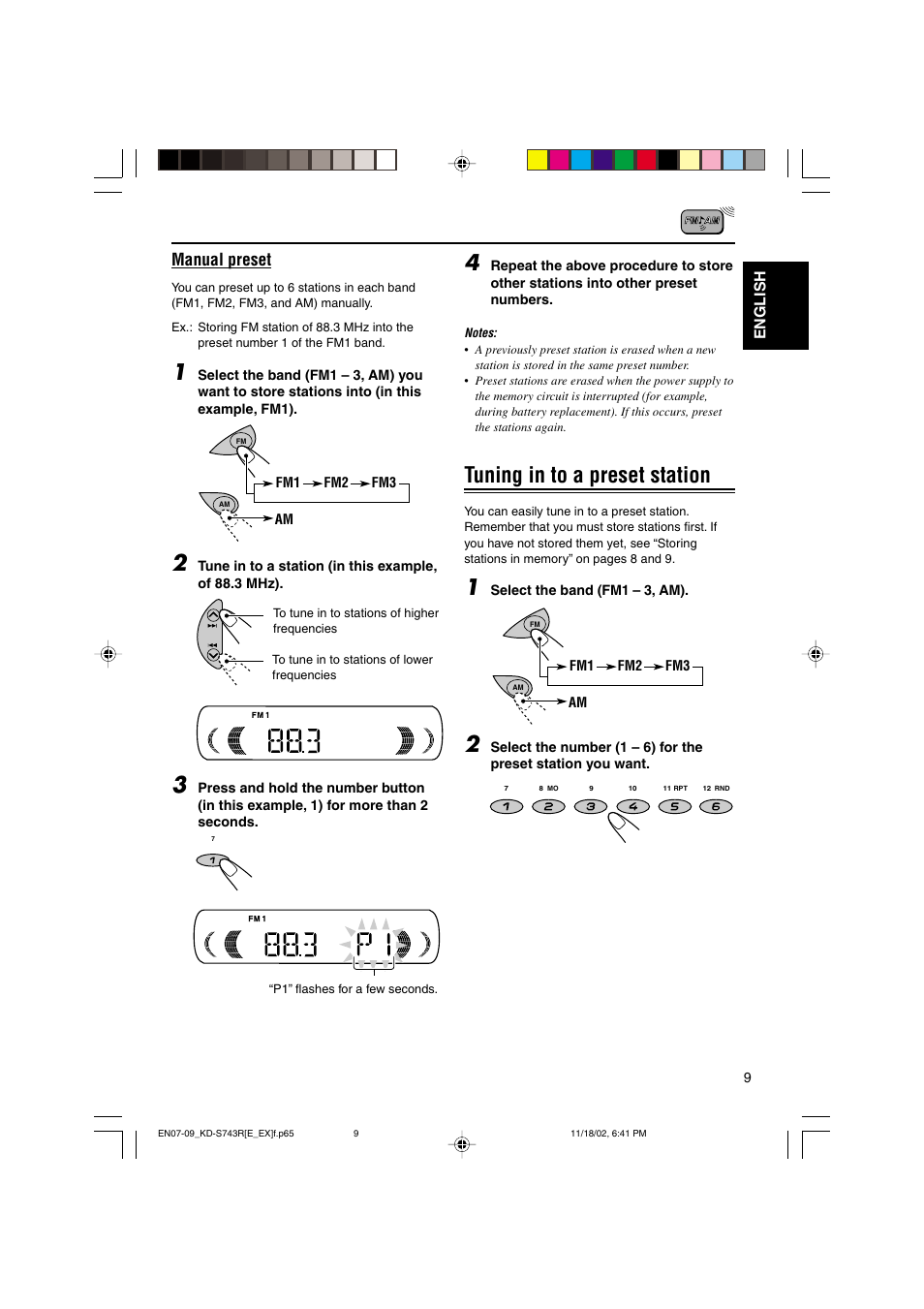 Tuning in to a preset station, Manual preset | JVC KD-S73R User Manual | Page 9 / 32