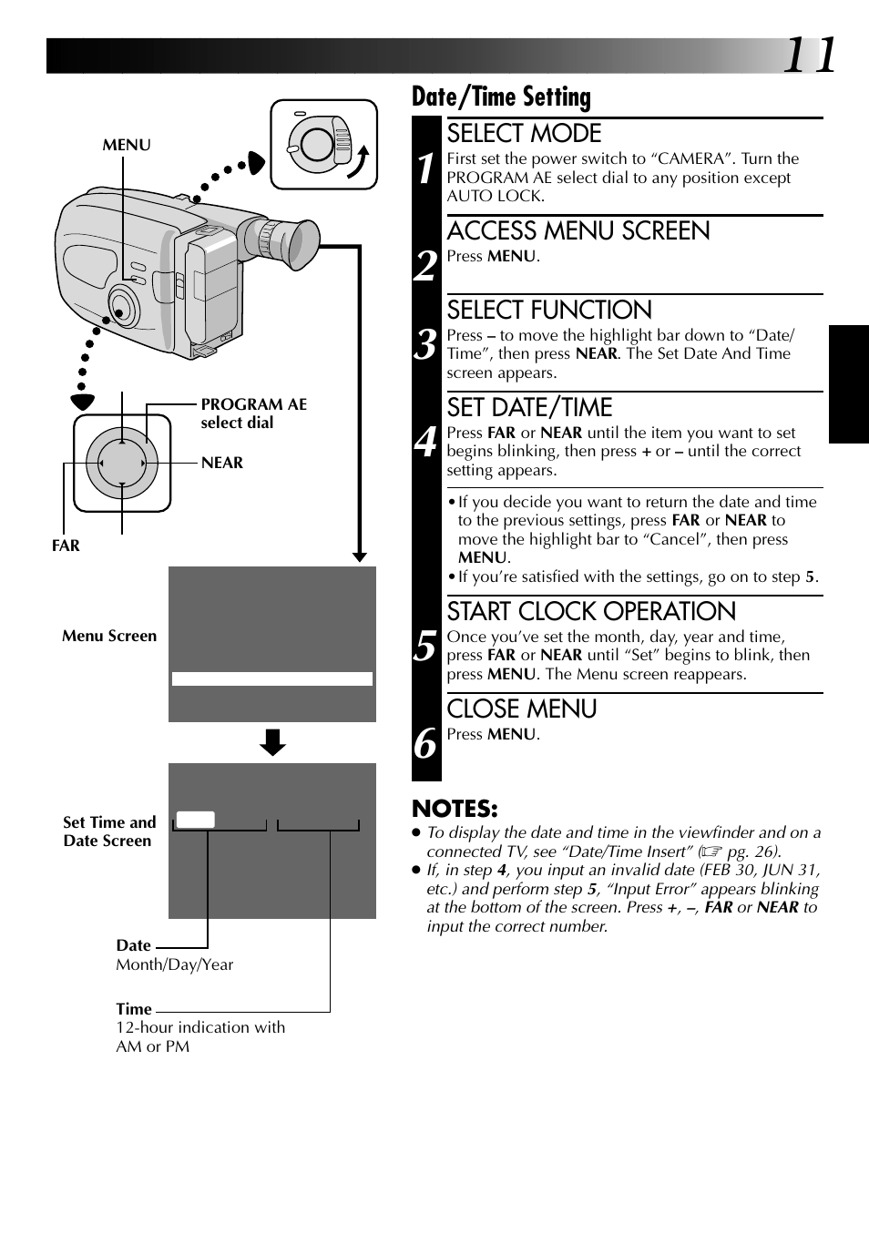 Date/time setting, Select mode, Access menu screen | Select function, Set date/time, Start clock operation, Close menu | JVC GR-AX937 User Manual | Page 11 / 55