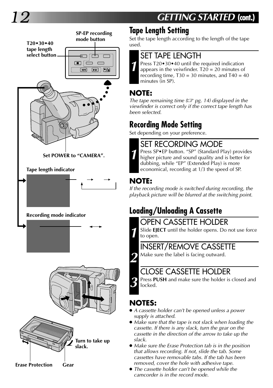 Getting started, Cont.) tape length setting, Recording mode setting | Loading/unloading a cassette | JVC GR-AX937 User Manual | Page 12 / 55