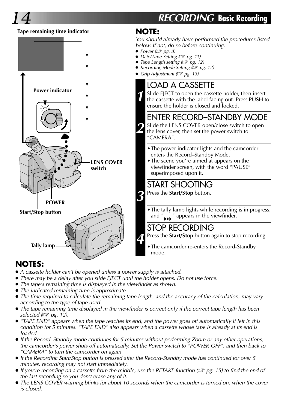 Recording, Basic recording, Load a cassette | Enter record–standby mode, Start shooting, Stop recording | JVC GR-AX937 User Manual | Page 14 / 55