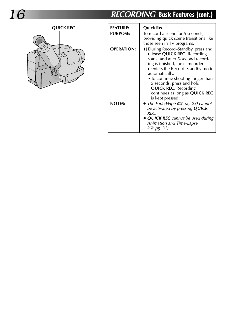 Recording, Basic features (cont.) | JVC GR-AX937 User Manual | Page 16 / 55