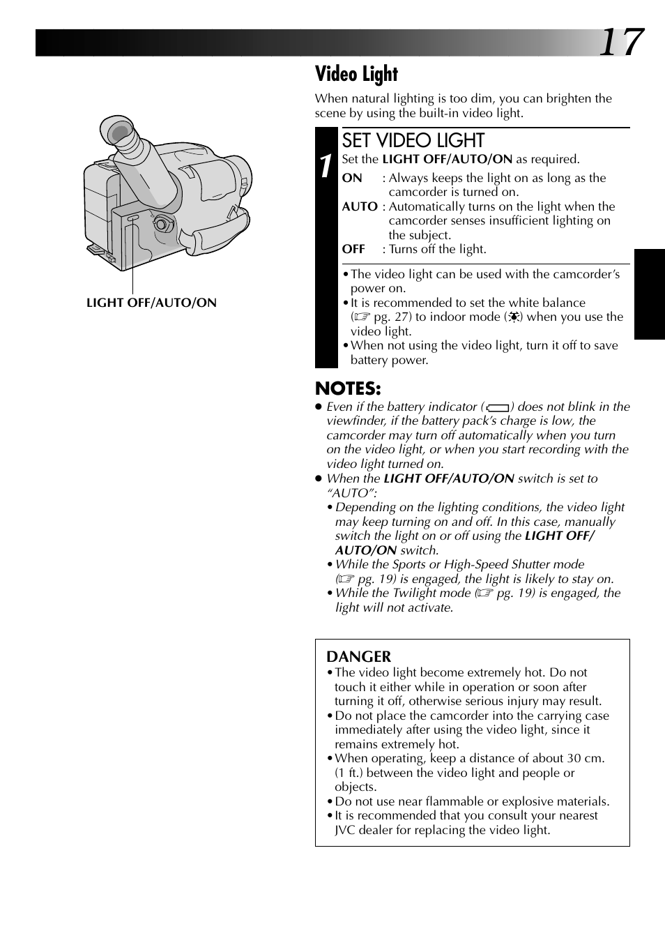 Video light, Set video light | JVC GR-AX937 User Manual | Page 17 / 55