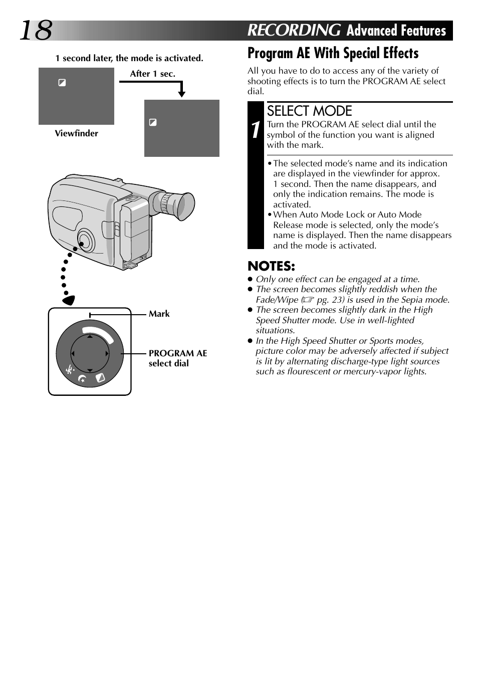 Recording, Advanced features program ae with special effects, Select mode | JVC GR-AX937 User Manual | Page 18 / 55