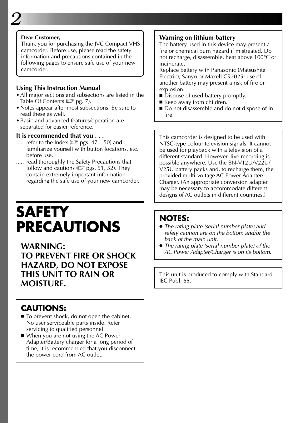 Safety precautions, Cautions | JVC GR-AX937 User Manual | Page 2 / 55