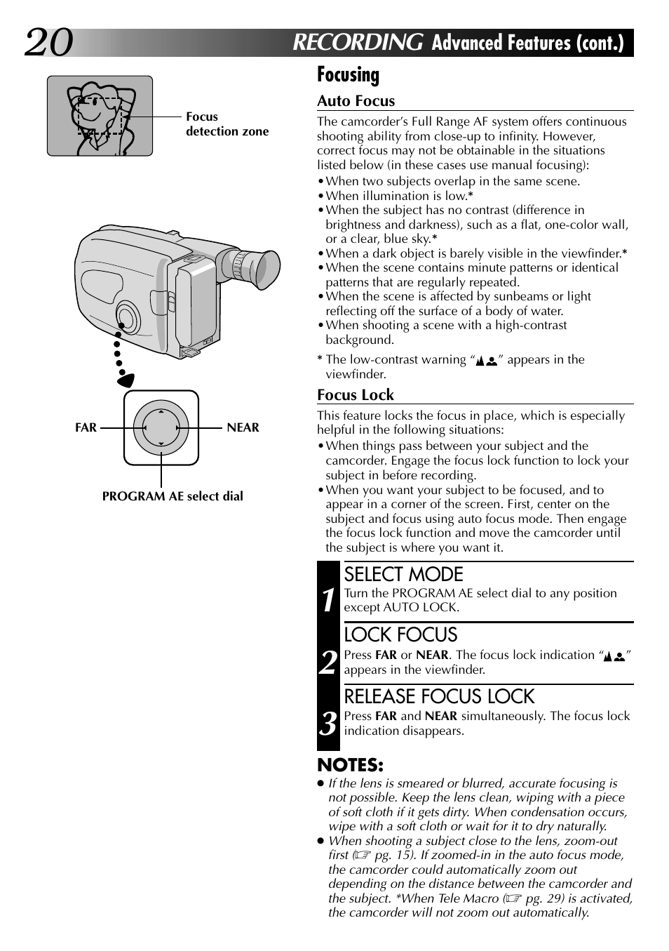 Recording, Advanced features (cont.) focusing, Select mode | Lock focus, Release focus lock | JVC GR-AX937 User Manual | Page 20 / 55