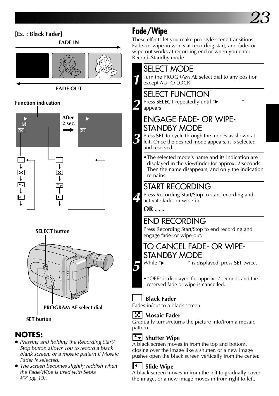 Fade/wipe, Select mode, Select function | Engage fade- or wipe- standby mode, Start recording, End recording | JVC GR-AX937 User Manual | Page 23 / 55