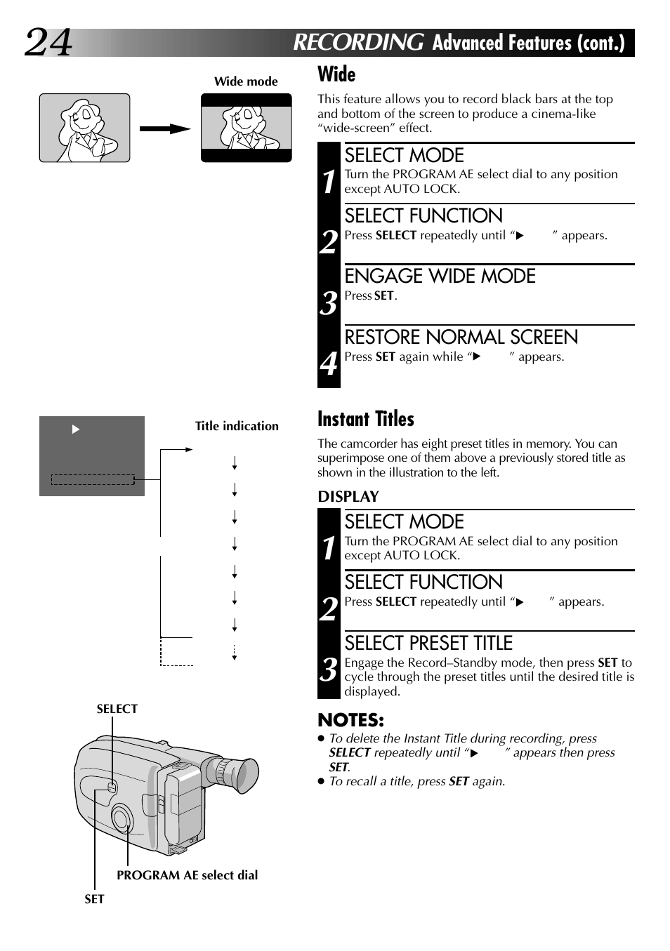 Recording, Advanced features (cont.) wide, Instant titles | JVC GR-AX937 User Manual | Page 24 / 55