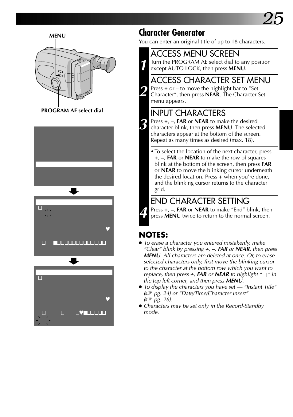 Character generator, Access menu screen, Access character set menu | Input characters, End character setting | JVC GR-AX937 User Manual | Page 25 / 55