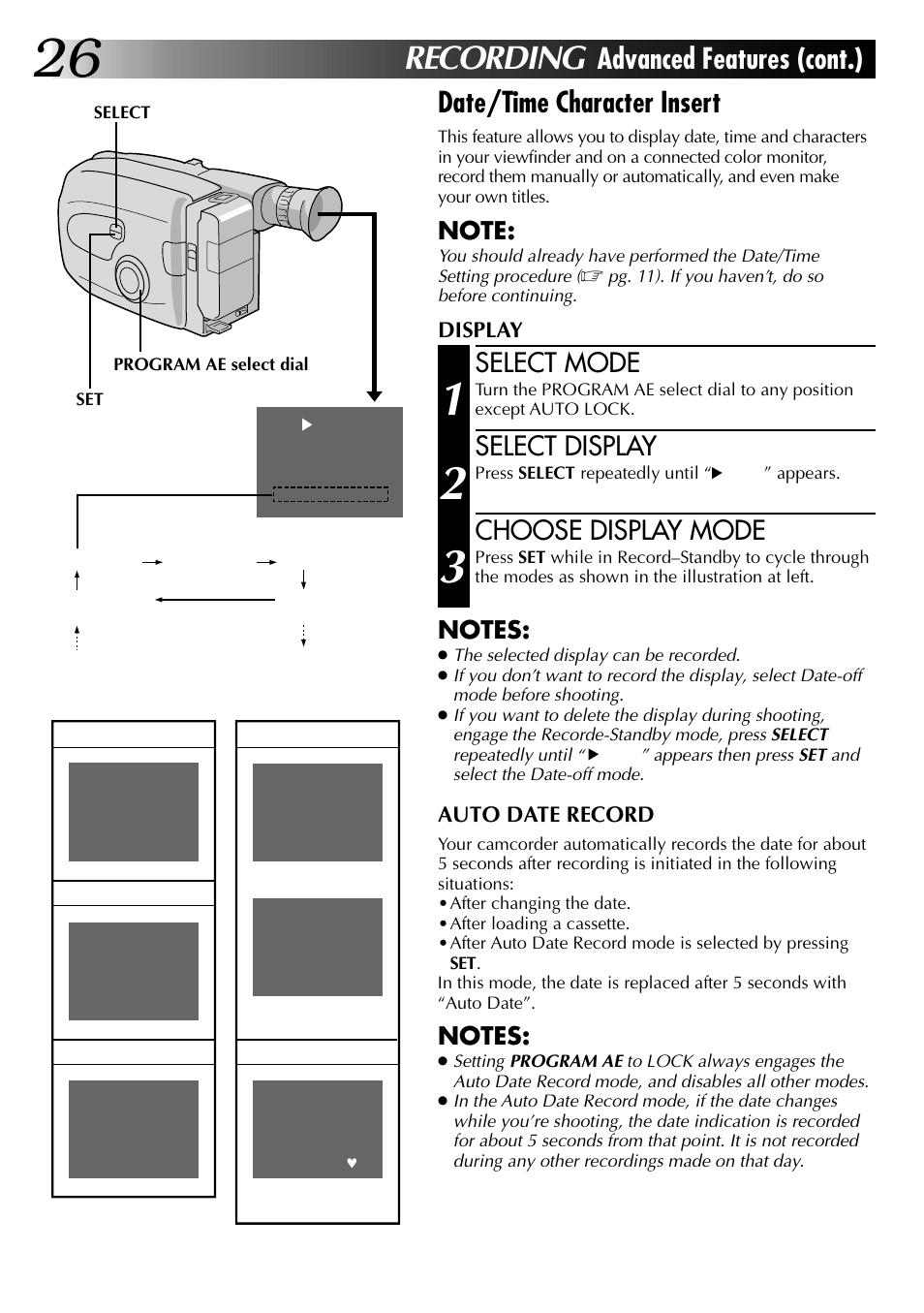 Recording, Select mode, Select display | Choose display mode | JVC GR-AX937 User Manual | Page 26 / 55