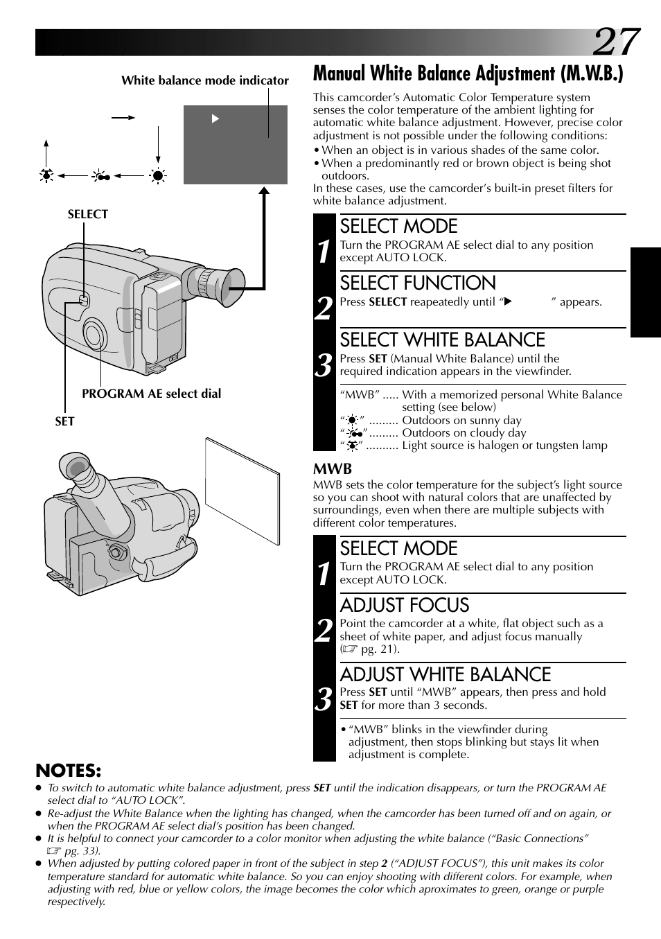 Manual white balance adjustment (m.w.b.), Select mode, Select function | Select white balance, Adjust focus, Adjust white balance | JVC GR-AX937 User Manual | Page 27 / 55