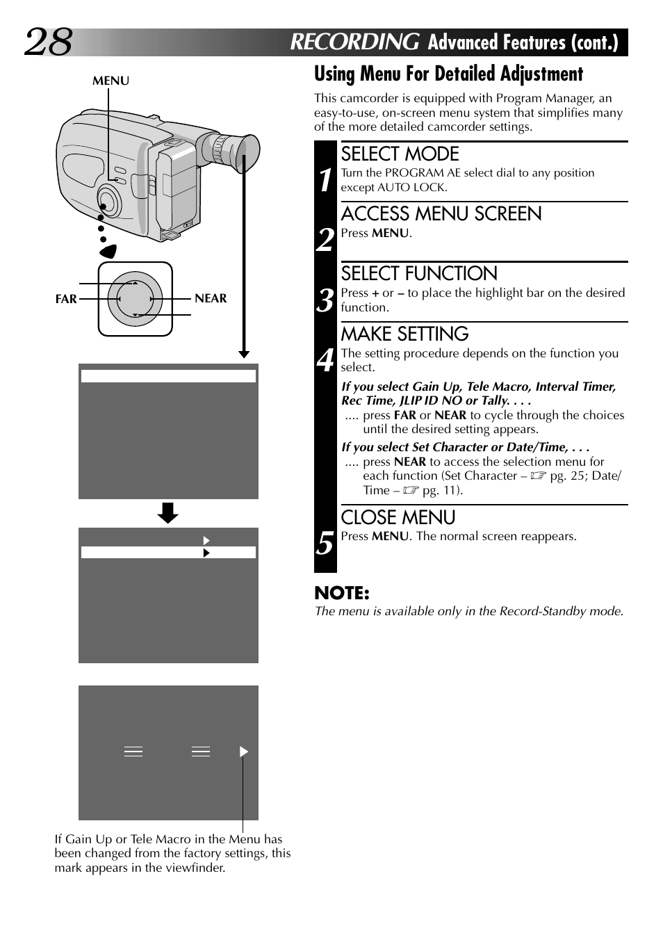 Recording, Using menu for detailed adjustment, Advanced features (cont.) | Select mode, Access menu screen, Select function, Make setting, Close menu | JVC GR-AX937 User Manual | Page 28 / 55