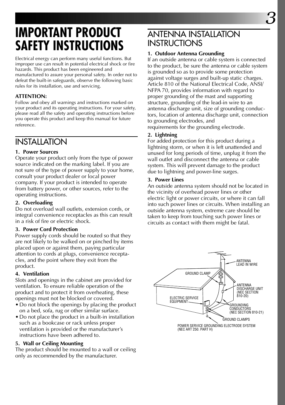 Important product safety instructions, Antenna installation instructions, Installation | JVC GR-AX937 User Manual | Page 3 / 55