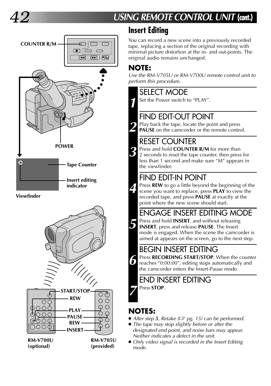 Using remote control unit, Cont.) insert editing | JVC GR-AX937 User Manual | Page 42 / 55