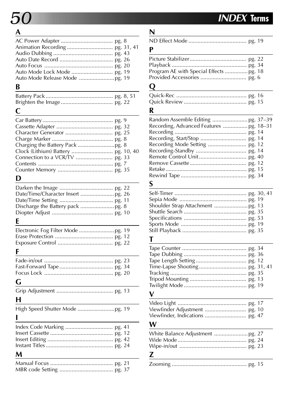 Index, Terms | JVC GR-AX937 User Manual | Page 50 / 55