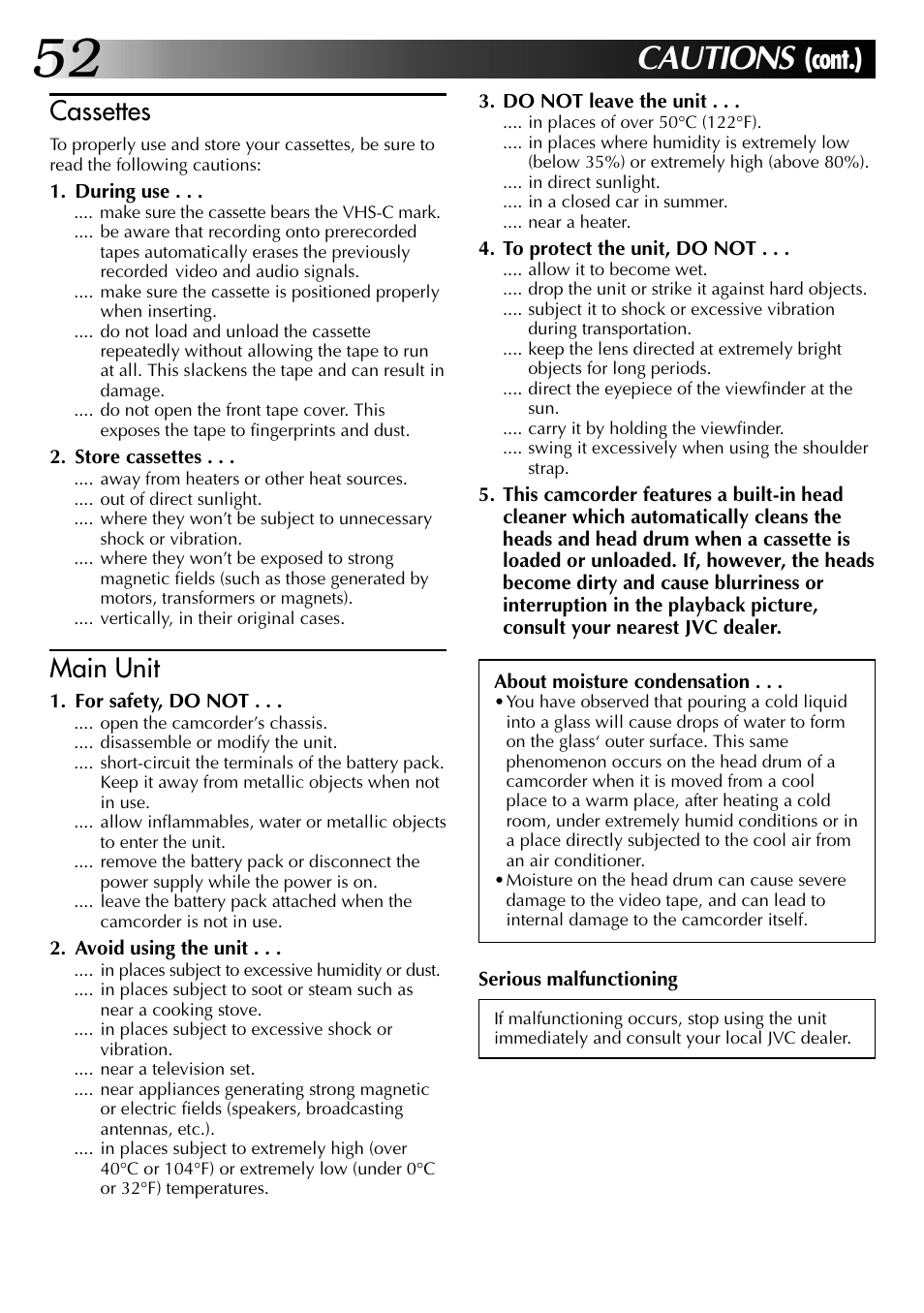 Cautions, Cont.), Cassettes | Main unit | JVC GR-AX937 User Manual | Page 52 / 55