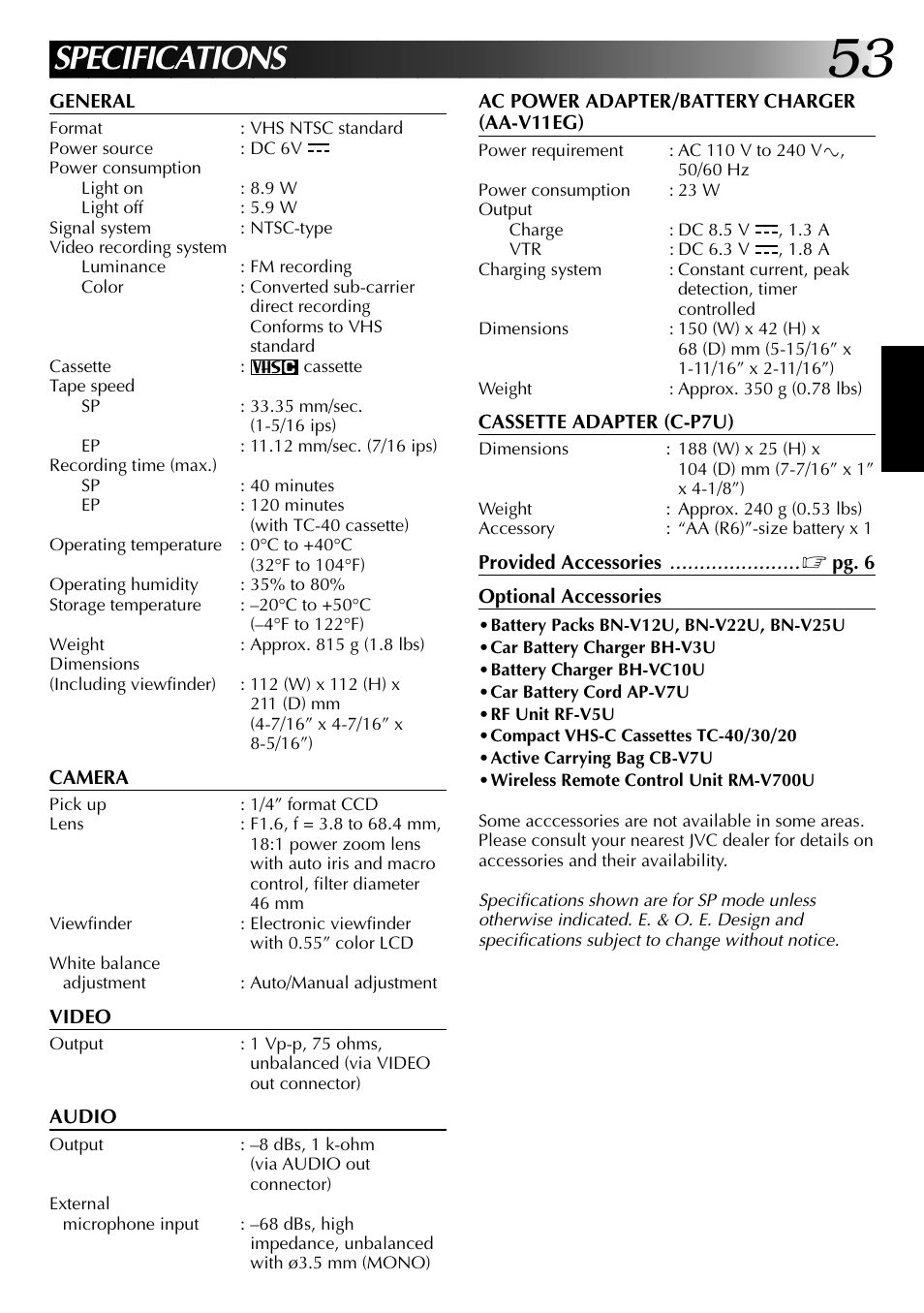 Specifications | JVC GR-AX937 User Manual | Page 53 / 55