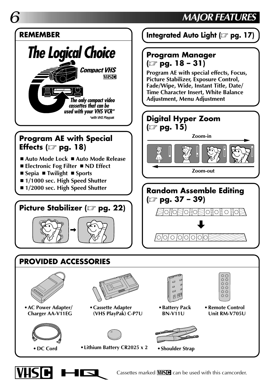 The logical choice, Major features, Remember | Integrated auto light, Pg. 17) digital hyper zoom, Pg. 15), Random assemble editing, Pg. 37 – 39), Picture stabilizer, Pg. 22) program ae with special effects | JVC GR-AX937 User Manual | Page 6 / 55