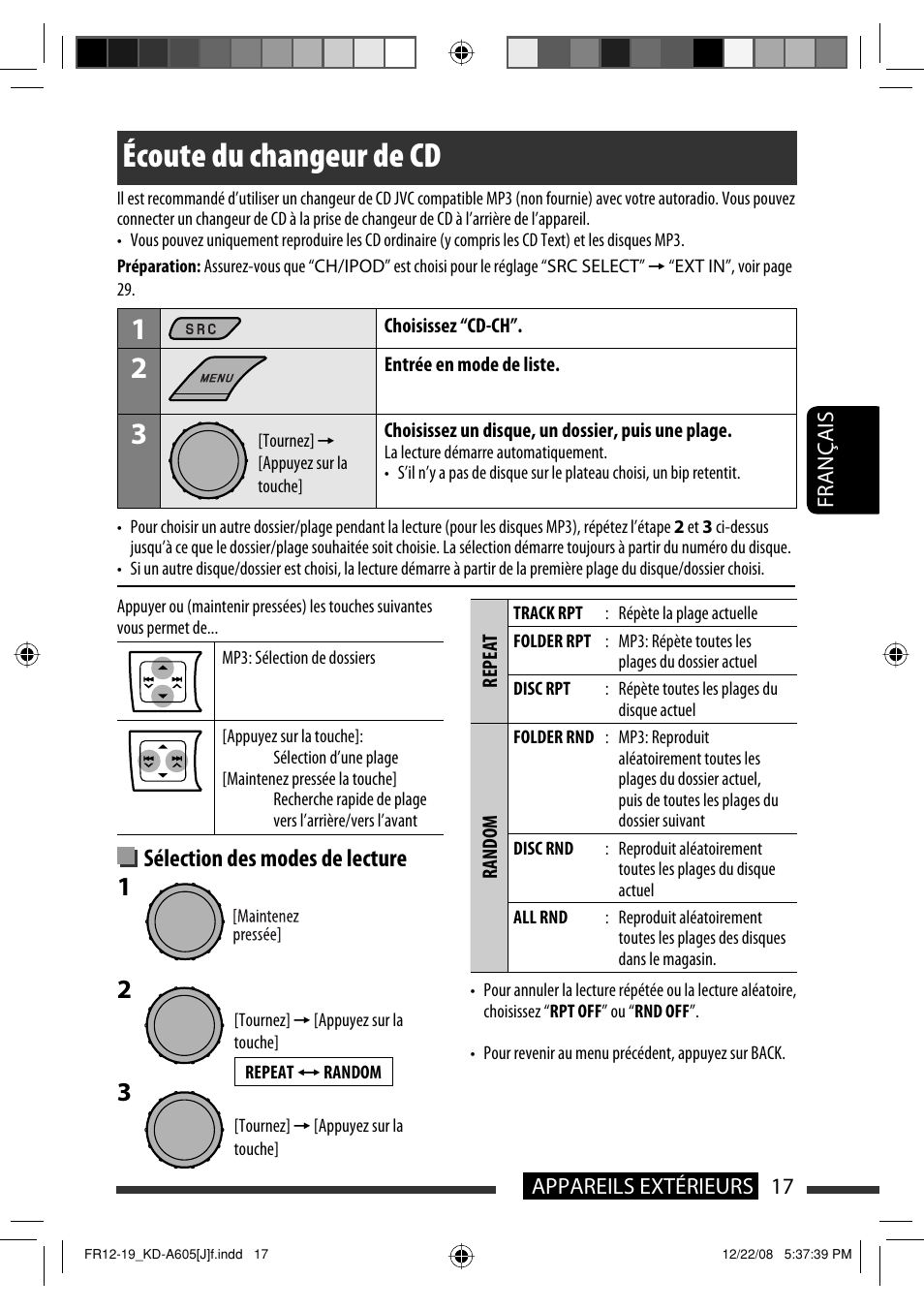 Écoute du changeur de cd, Sélection des modes de lecture | JVC KD-R600 User Manual | Page 101 / 127