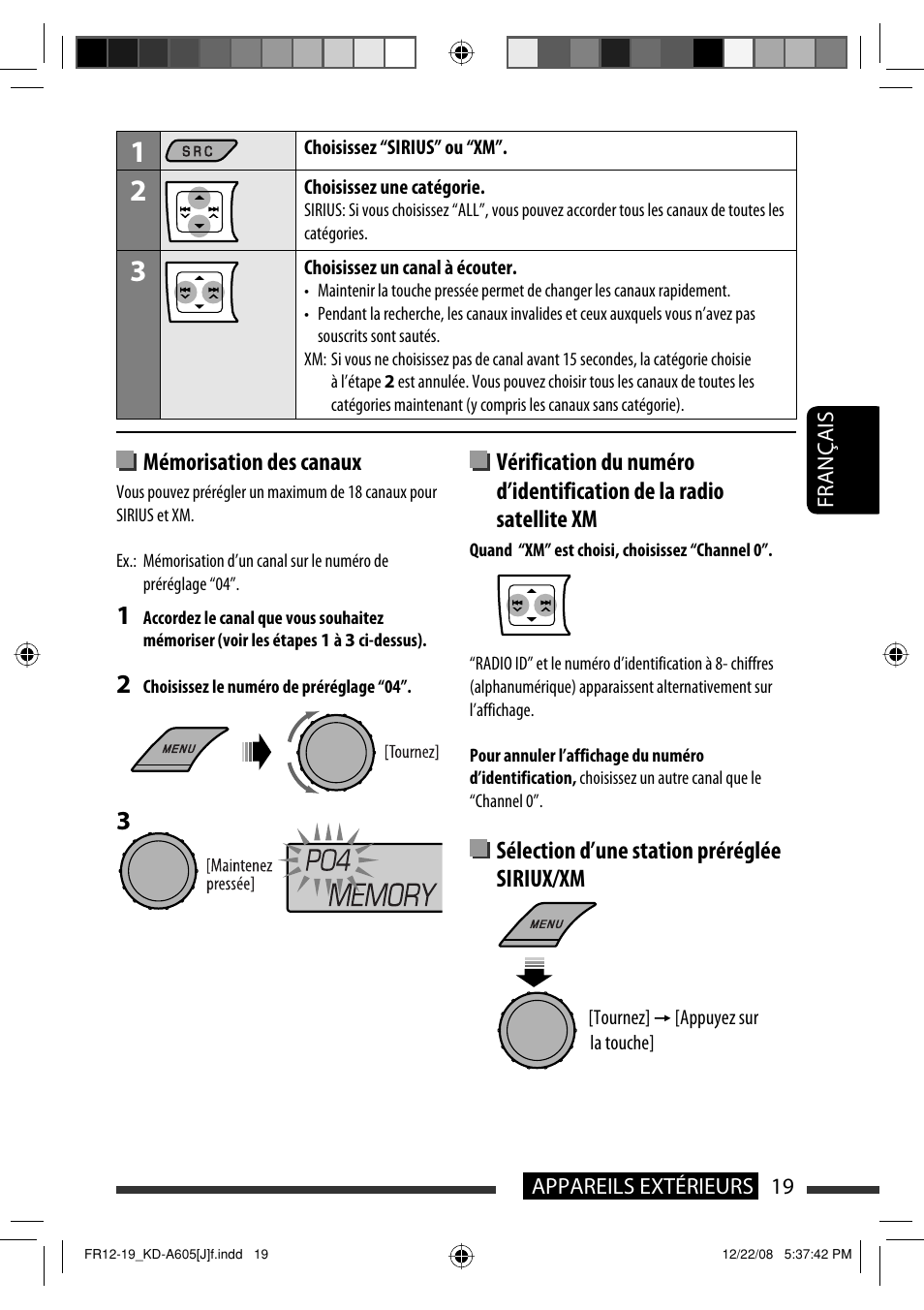 Mémorisation des canaux, Sélection d’une station préréglée siriux/xm | JVC KD-R600 User Manual | Page 103 / 127