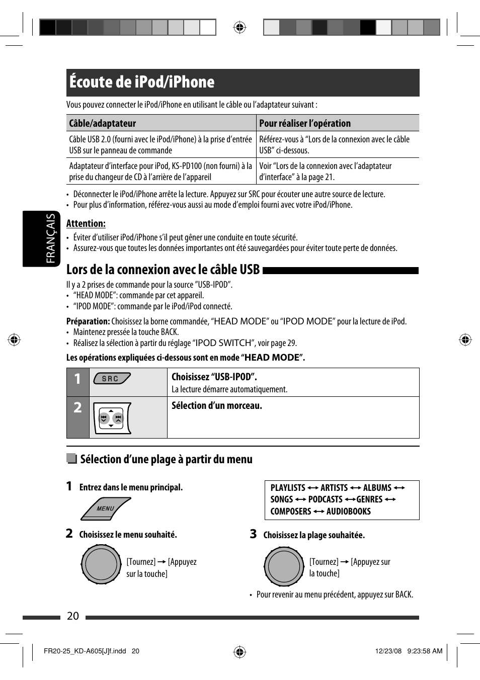 Écoute de ipod/iphone, Lors de la connexion avec le câble usb, Sélection d’une plage à partir du menu | JVC KD-R600 User Manual | Page 104 / 127