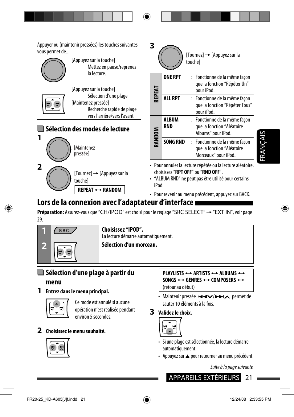 Lors de la connexion avec l’adaptateur d’interface, Sélection des modes de lecture, Sélection d’une plage à partir du menu | JVC KD-R600 User Manual | Page 105 / 127
