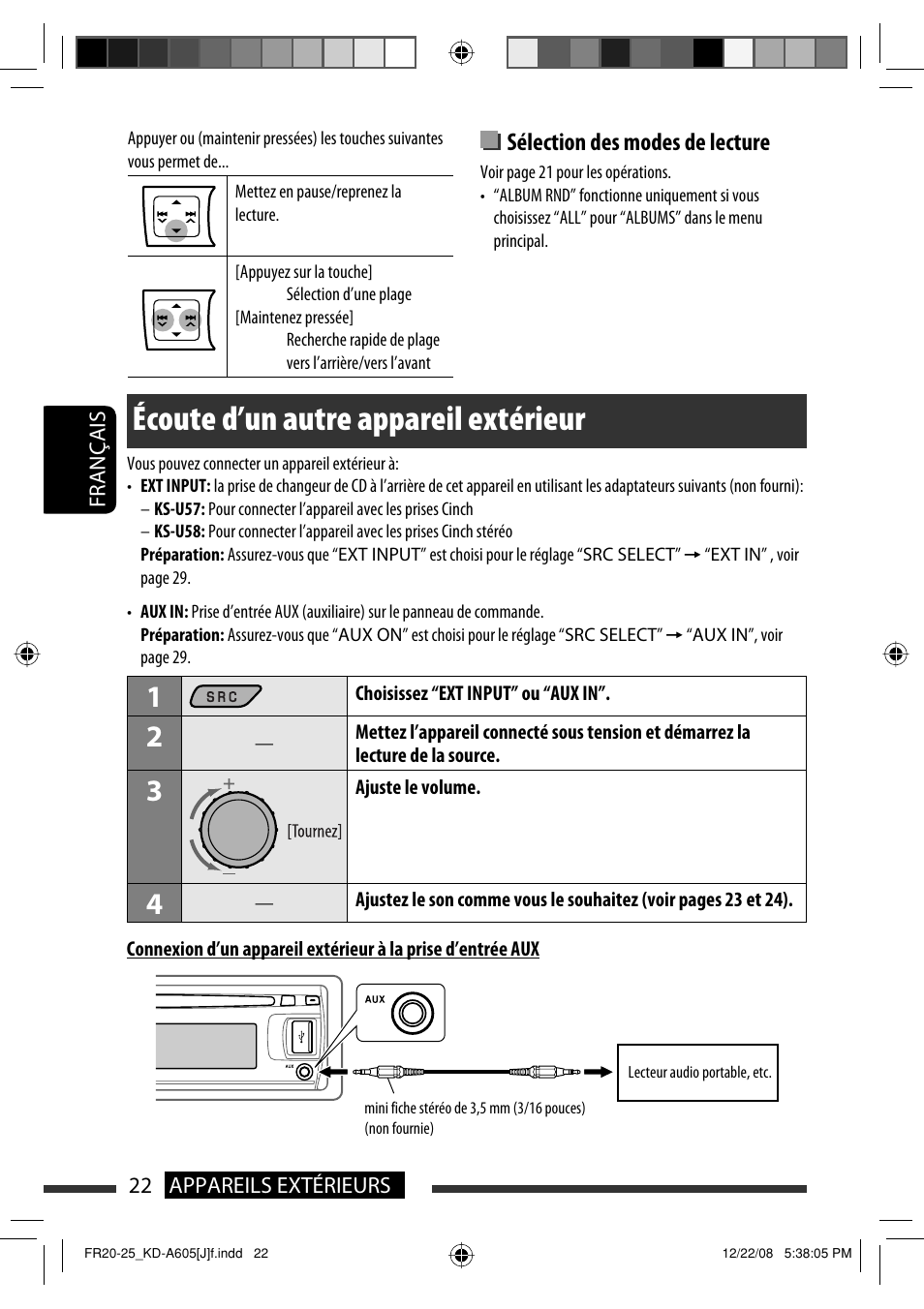 Écoute d’un autre appareil extérieur, Sélection des modes de lecture | JVC KD-R600 User Manual | Page 106 / 127