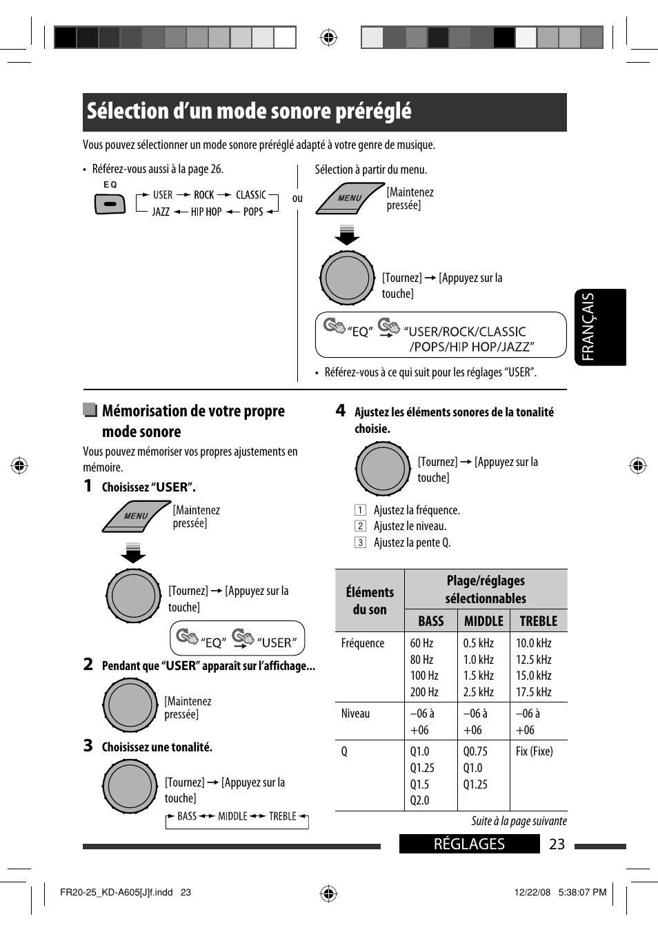 Sélection d’un mode sonore préréglé, Mémorisation de votre propre mode sonore, Français 23 réglages | JVC KD-R600 User Manual | Page 107 / 127