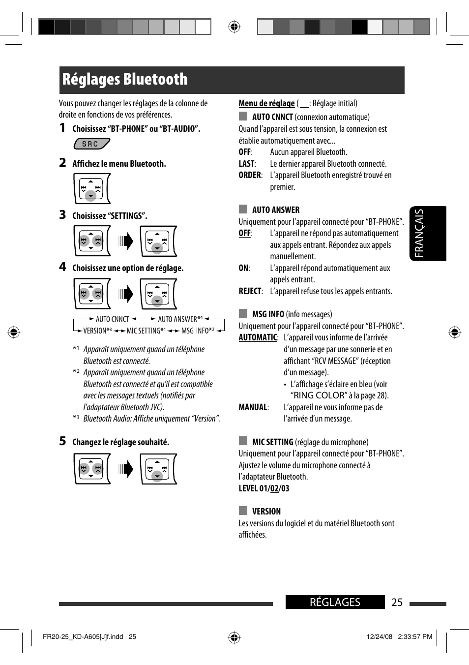 Réglages bluetooth, Français 25 réglages | JVC KD-R600 User Manual | Page 109 / 127