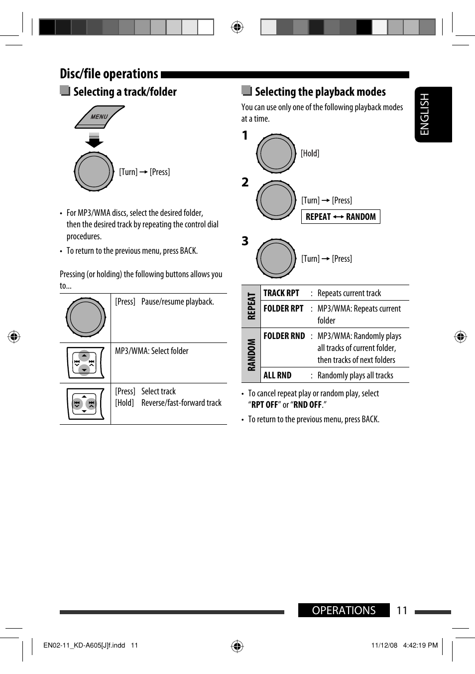 Disc/file operations, Selecting a track/folder, Selecting the playback modes | English 11 operations | JVC KD-R600 User Manual | Page 11 / 127
