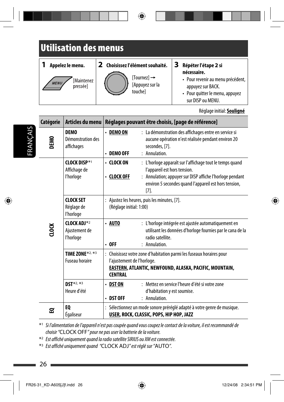 Utilisation des menus, Français 26 | JVC KD-R600 User Manual | Page 110 / 127