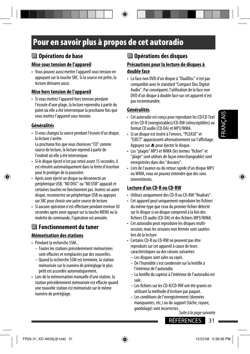 Pour en savoir plus à propos de cet autoradio, Opérations de base, Fonctionnement du tuner | Opérations des disques, Français 31 références | JVC KD-R600 User Manual | Page 115 / 127